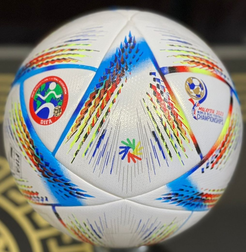 The official DIFA soccer ball in Malaysia.  The ball is called “Al Rikhla”. There is a DIFA football stamp, ICSD and the symbol of the 4th World Deaf …